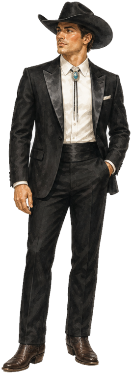 Men's outfit idea: black tuxedo with peak lapels, turquoise bolo tie, black cowboy hat, dark brown cowboy boots