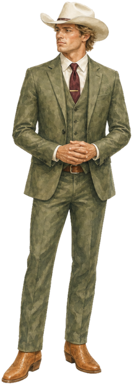 Men's outfit idea: sage three-piece suit, burgundy tie, ivory cowboy hat, caramel cowboy boots