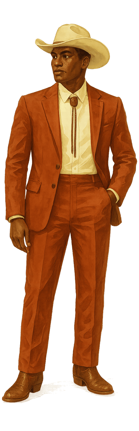 Men's outfit idea: rust brown suit, cream shirt, brown bolo tie, ivory felt cowboy hat, brown cowboy boots
