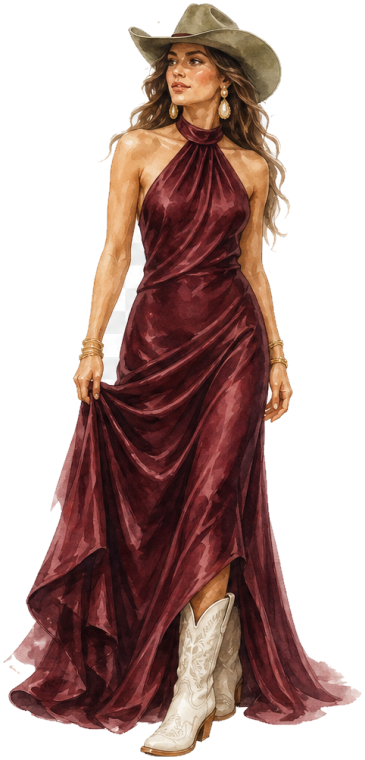 Women's outfit idea: burgundy silk halter gown, sage felt cowboy hat, gold and pearl jewellery, ivory embroidered cowboy boots
