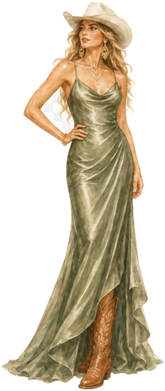 Women's outfit idea: sage green silk slip gown, ivory cowboy hat, gold jewellery, caramel leather cowboy boots