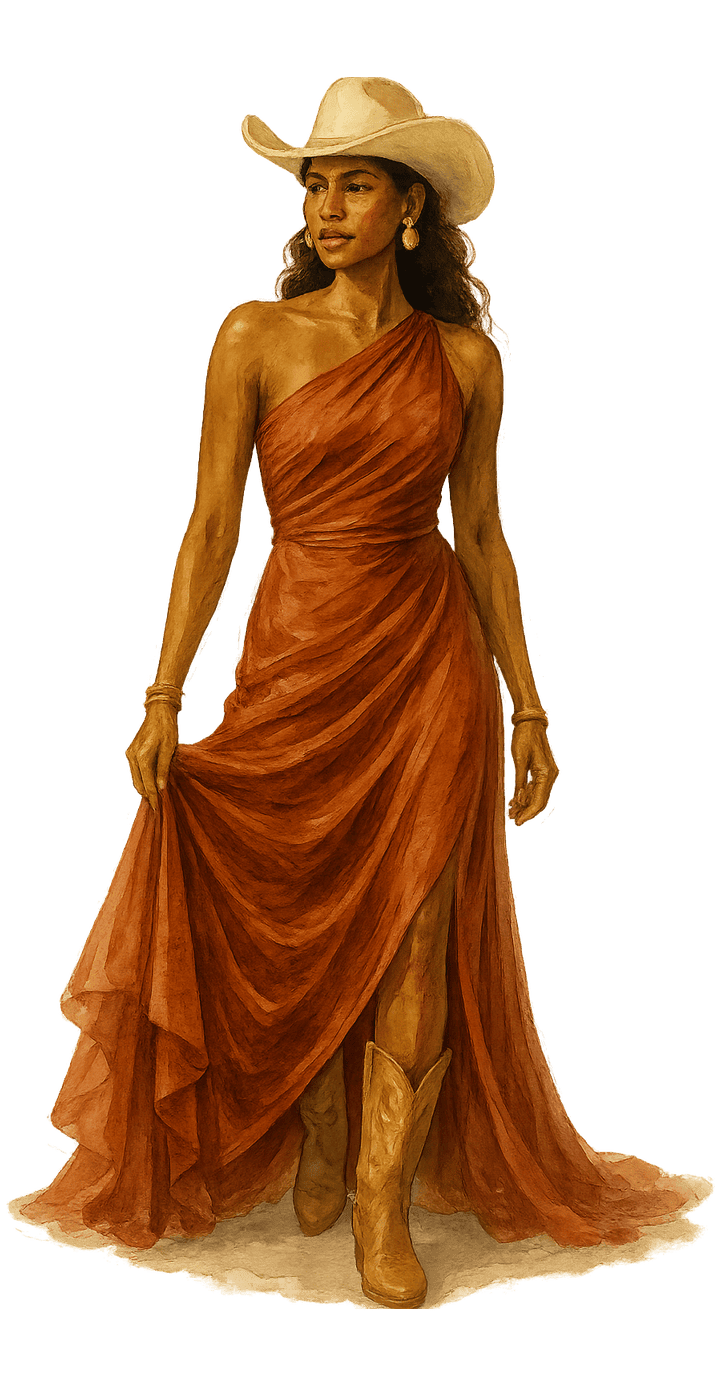 Women's outfit idea: rust terracotta one-shoulder gown, ivory felt cowboy hat, gold jewellery, tan cowboy boots